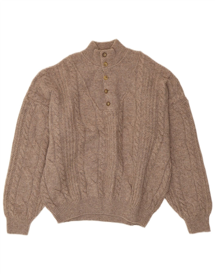 vintage Mens Button Neck Jumper Pull XL Marron Laine