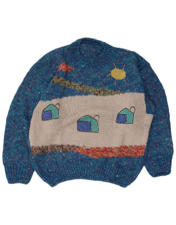 vintage Womens Graphic Crew Neck Jumper Pull UK 16 Grand Bleu Moucheté