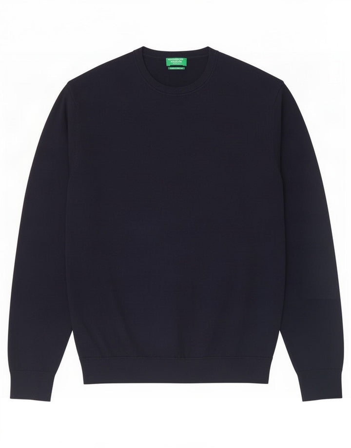 Benetton Pull Col Rond Homme Bleu Marine Moyen Laine Vierge