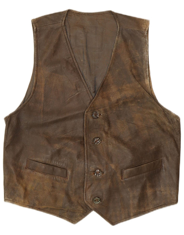 Vintage Mens Leather Waistcoat Medium Green Leather Retro