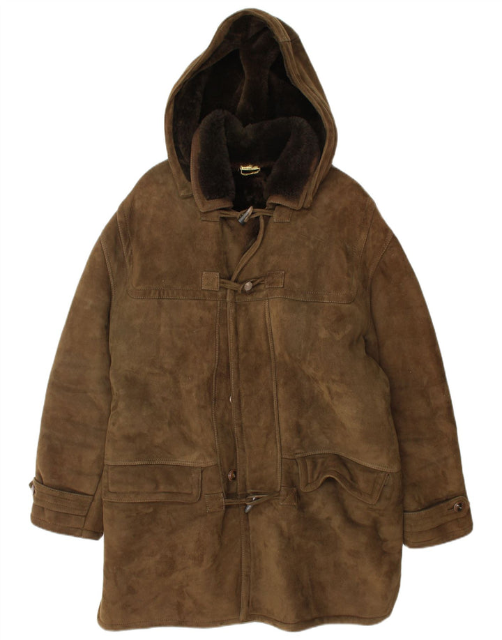 VINTAGE Manteau à capuche en peau de mouton pour homme IT 50 Large peau de mouton kaki