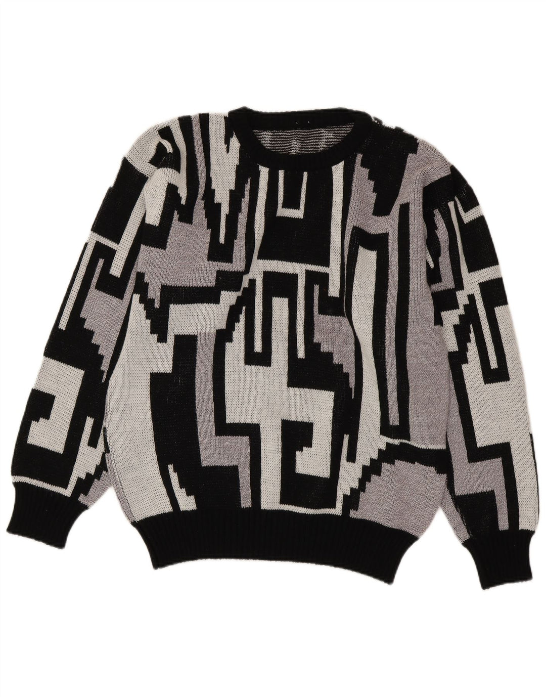 vintage Mens Crew Neck Jumper Pull Moyen Gris Géométrique
