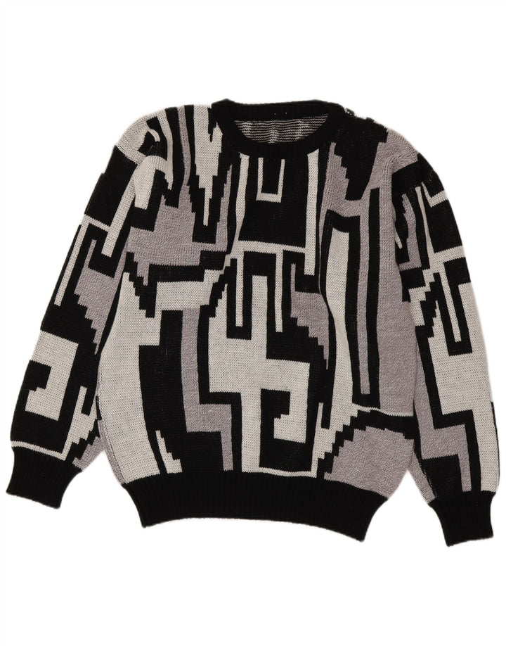 vintage Mens Crew Neck Jumper Pull Moyen Gris Géométrique