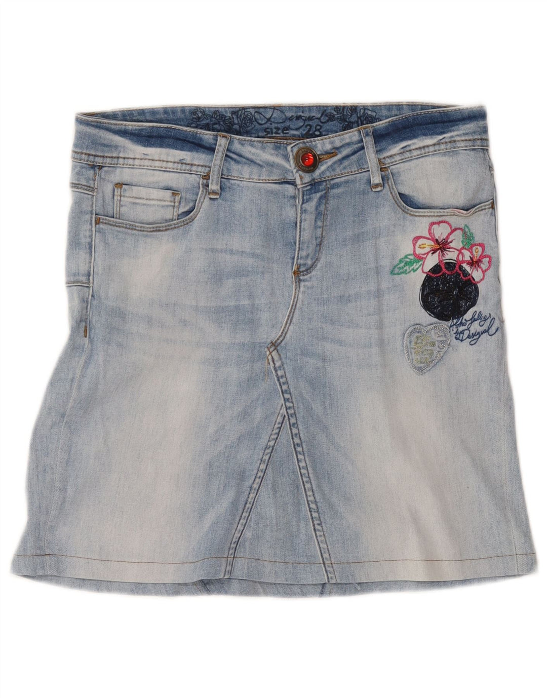 Desigual Femme Graphic Mini Jupe En Jean W30 Bleu Moyen Floral