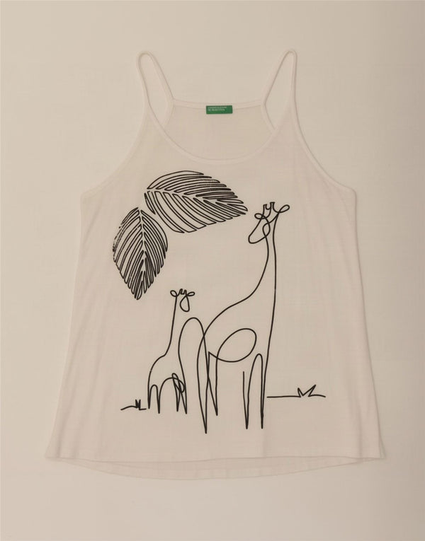 Benetton Haut caraco graphique pour femme UK 44 Viscose blanc moyen