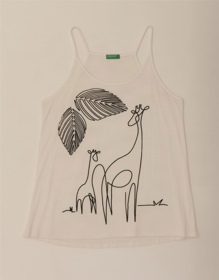 Benetton Haut caraco graphique pour femme UK 44 Viscose blanc moyen