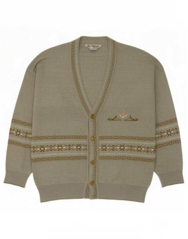 Vintage Mens Cardigan Sweater Large Gris Géométrique