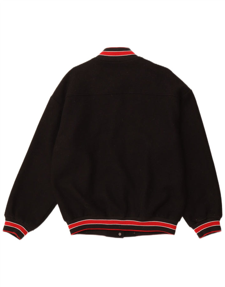 vintage Mens Graphic Varsity Jacket UK 38 Polyester Noir Moyen