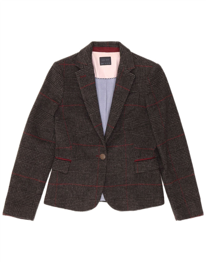 Zara Femme 1 Bouton Blazer Veste UK 10 Petit Gris Pied-de-Poule Laine