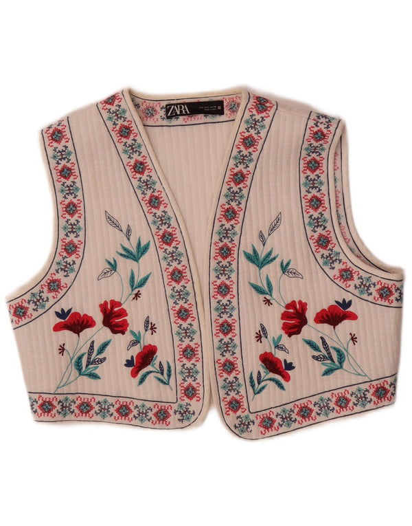 Zara Womens Crop Gilet UK 16 Grand Blanc Floral Ethnique