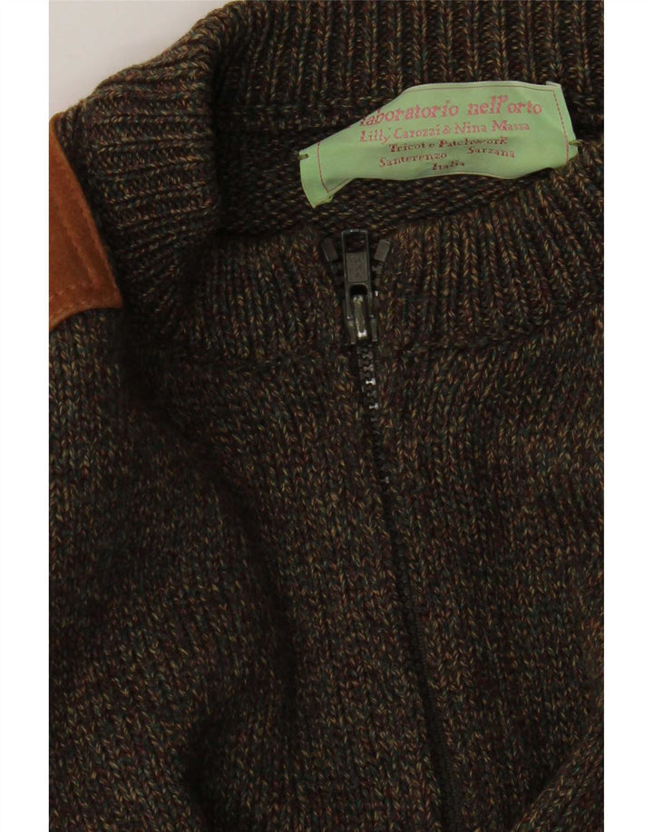 vintage Mens Zip Cardigan Sweater Moyen Kaki Colourblock