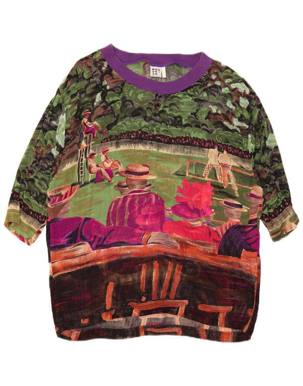 VINTAGE Femmes Motif Abstrait Blouse Top UK 14 Grand Multicolore