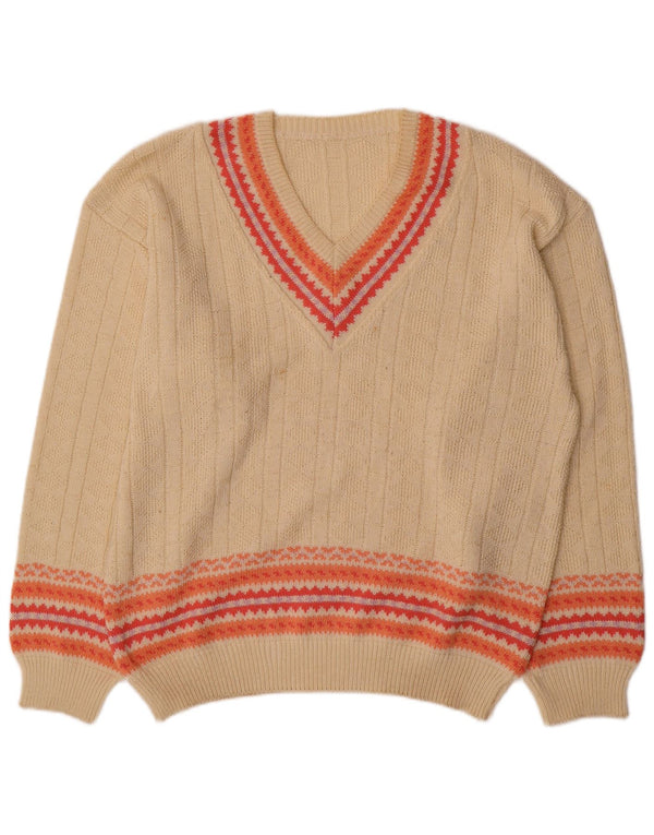 vintage Mens V-Col Jumper Pull Grand Beige Géométrique Coton