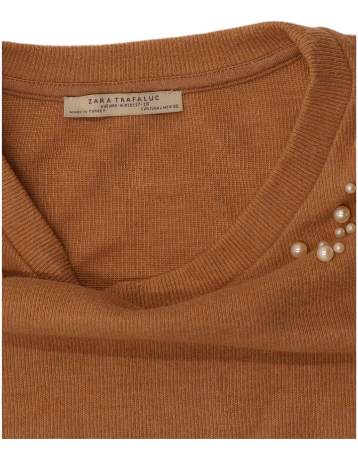 ZARA Pull court à col rond pour femme UK 16 Large Marron