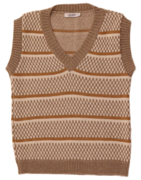 vintage Womens Vest Tank Top UK 14 Grand Acrylique Rayé Beige