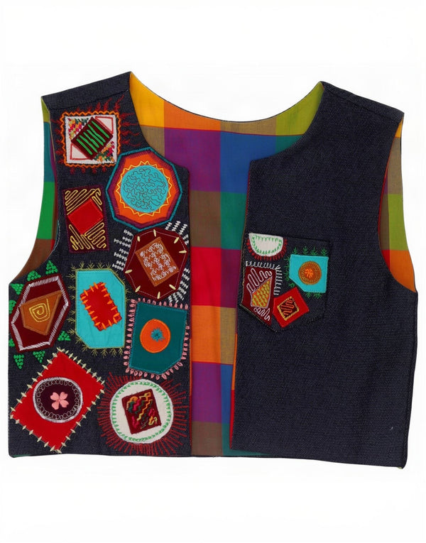 vintage Womens Denim OPEN Gilet UK 10 Petit Patchwork Multicolore