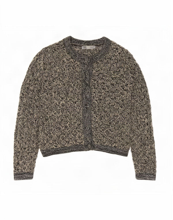 Zara Womens Crochet Cardigan Sweater UK 14 Medium Black Flecked Polyester