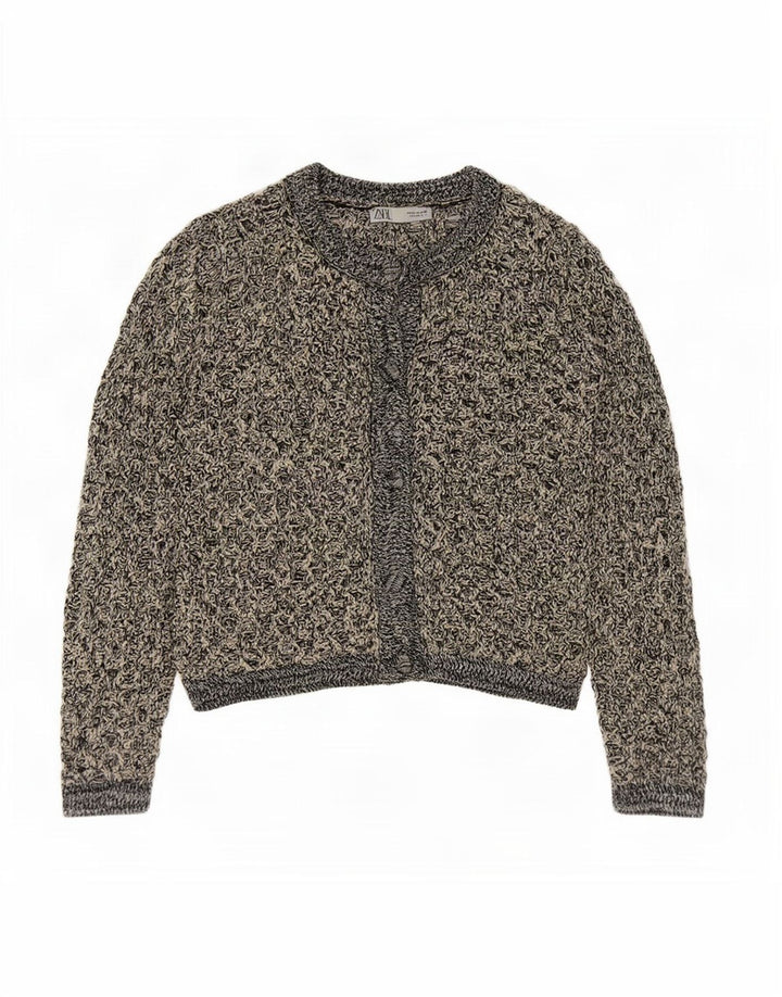 Zara Femme Crochet Cardigan Pull UK 14 Moyen Noir Moucheté Polyester