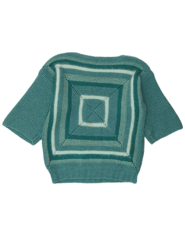 vintage Womens Boat Neck Jumper Pull UK 14 Moyen Vert Géométrique