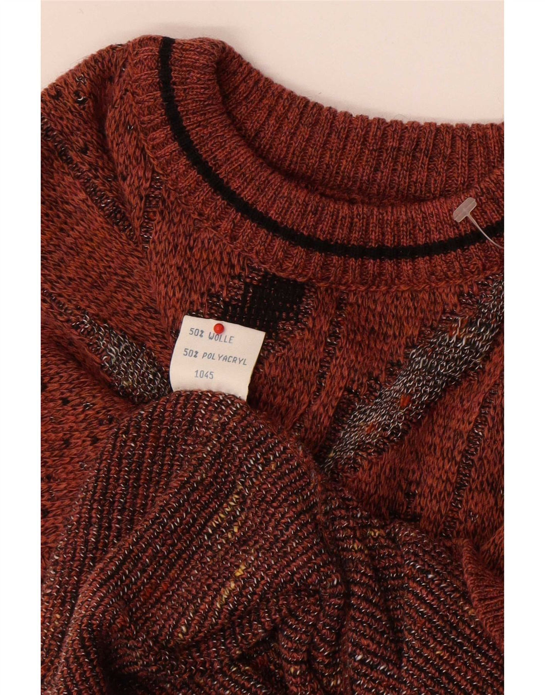 vintage Mens Crew Neck Jumper Pull IT 50 Laine Géométrique Brun Moyen