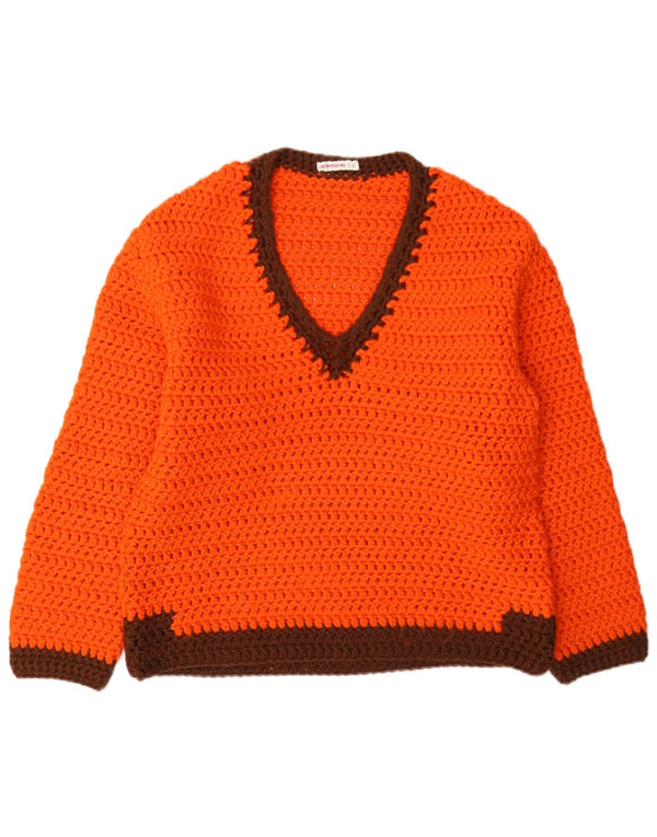 vintage Femme Col V Jumper Pull UK 12 Medium Orange Colourblock