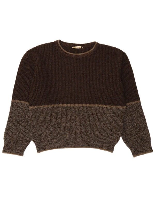 vintage Mens Crew Neck Jumper Pull XL Marron Colourblock Laine