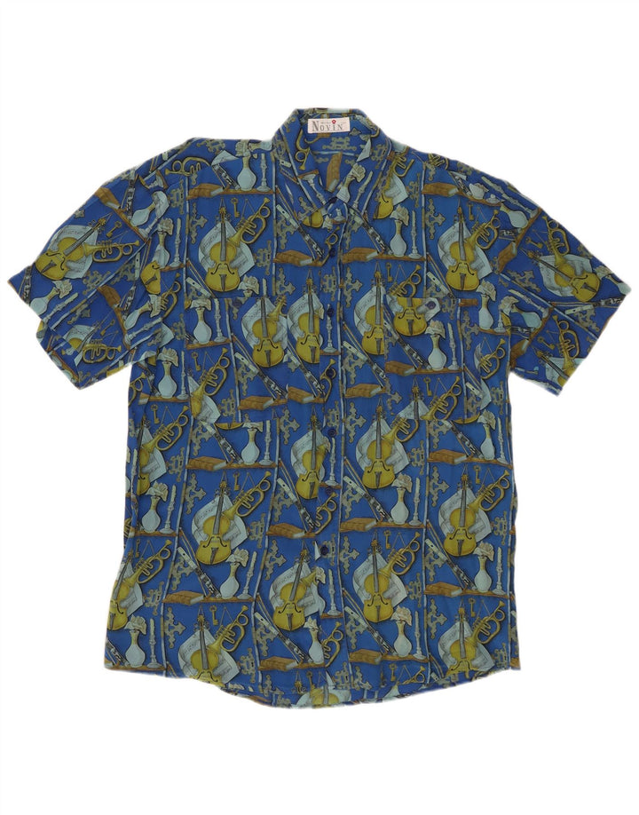 VINTAGE Chemise à manches courtes pour hommes à motif abstrait grande soie bleue