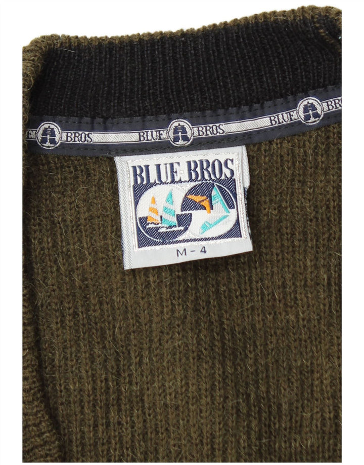 vintage Mens Cardigan Pull Moyen Kaki Laine