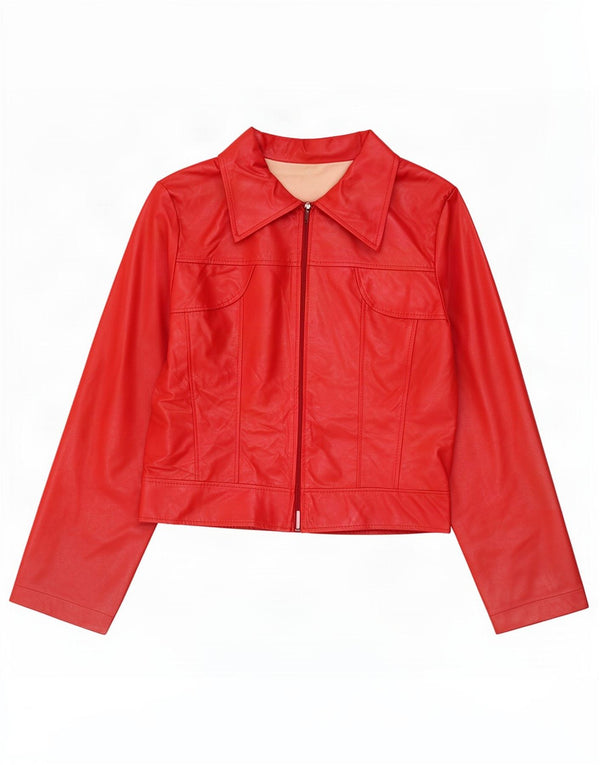 vintage Womens Crop Faux Leather Bomber Jacket UK 12 Moyen Rouge Polyester