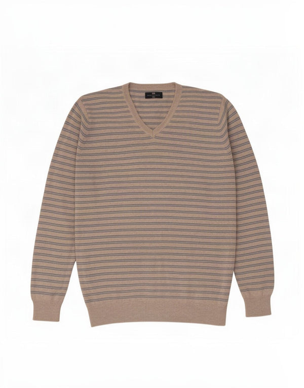 Marks & Spencer Pull à col en V Blue Harbour pour hommes, grandes rayures beiges