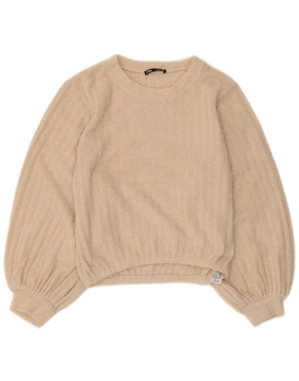 Zara Pull ras du cou pour femme UK 10 Petit polyester rayé beige
