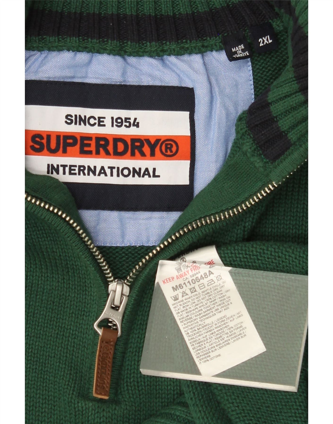 SUPERDRY Pull col zippé pour homme 2XL Vert Coton