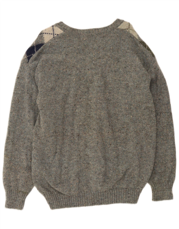 vintage Homme Col V Pull Pull Gris Moyen Argyle/Diamant Laine Vierge