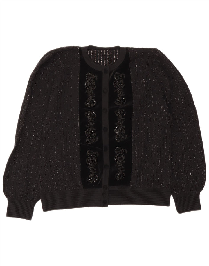 vintage Femme Cardigan Pull IT 46 Grande laine rayée grise