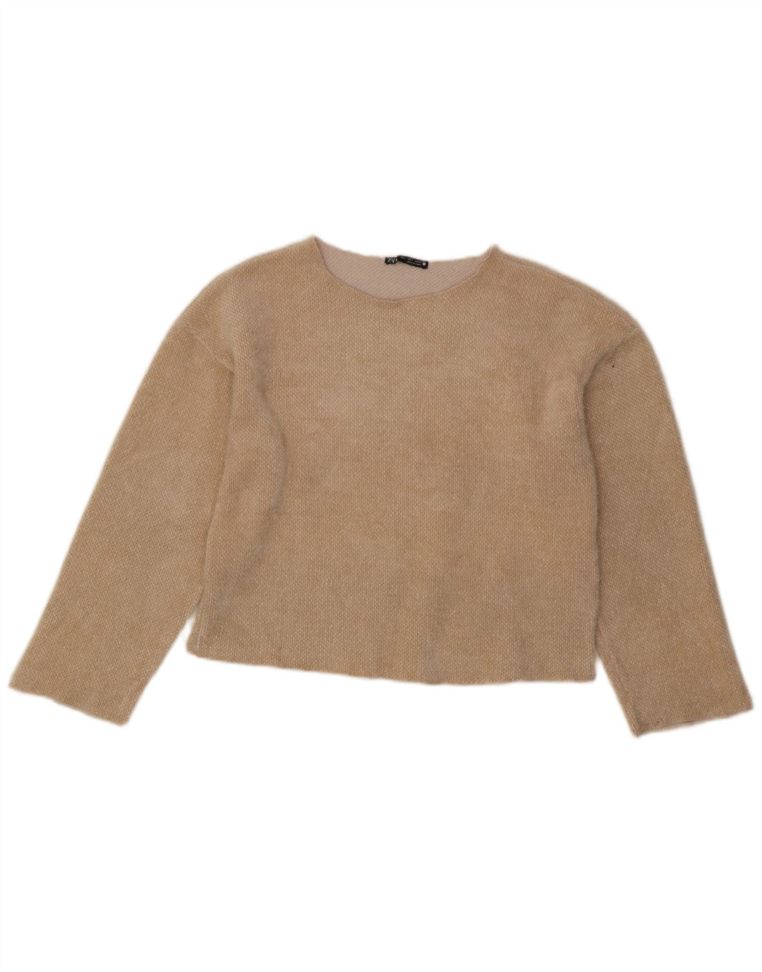 Zara Femme Crop Top Manches Longues UK 10 Petit Beige Polyester