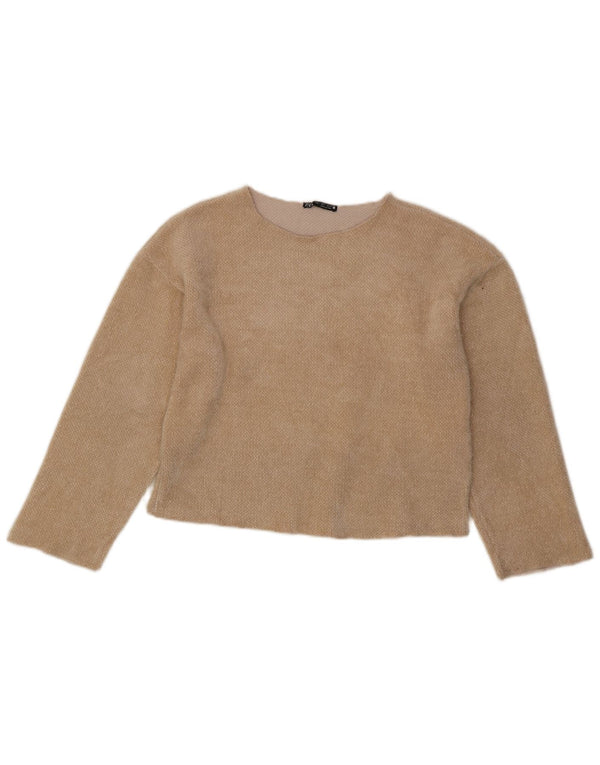 Zara Womens Crop Top Long Sleeve UK 10 Small Beige Polyester
