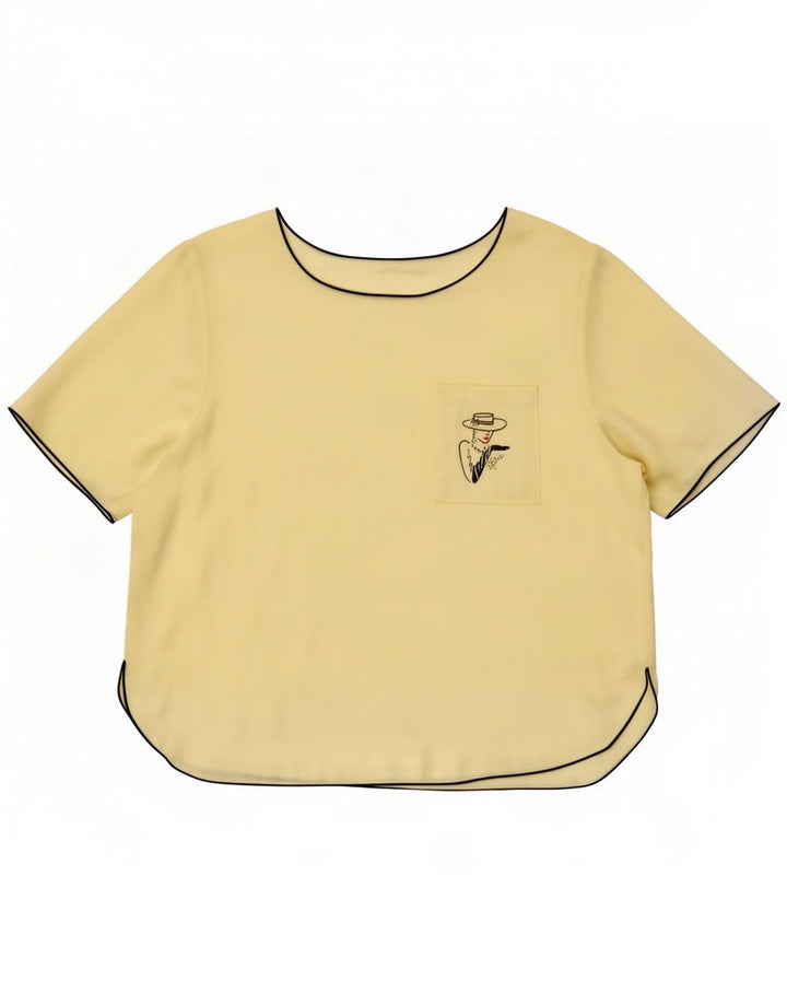 vintage Femme Graphique Blouse Top UK 16 Grand Jaune