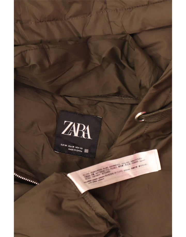 Zara Gilet rembourré à capuche long pour femme UK 14 Medium Kaki Polyester