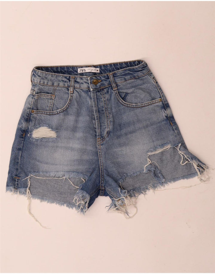 Zara Short en jean vieilli pour femme EU 38 Small W28 Bleu