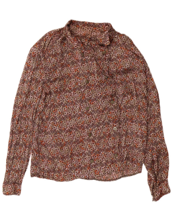 vintage Femmes Double Breasted Shirt Blouse UK 16 Grand Brun Géométrique
