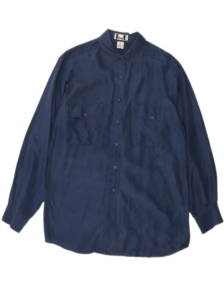 VINTAGE Chemise surdimensionnée femme UK 10 Petite soie bleu marine
