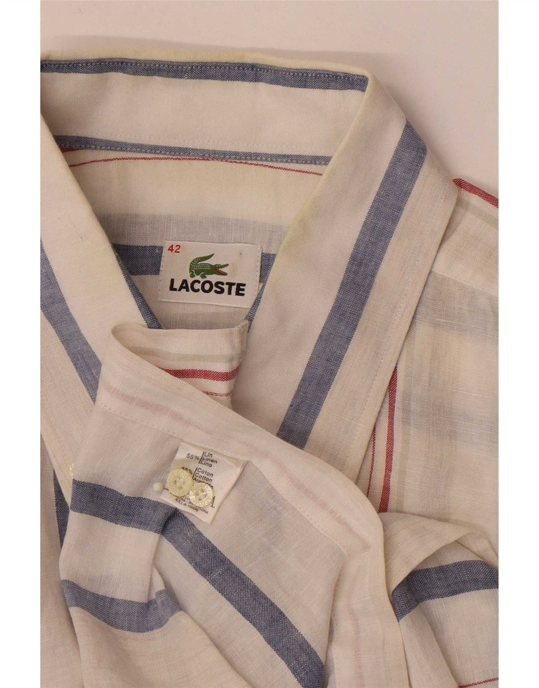 Lacoste Chemise à manches courtes pour homme Taille 42 Grand lin rayé blanc