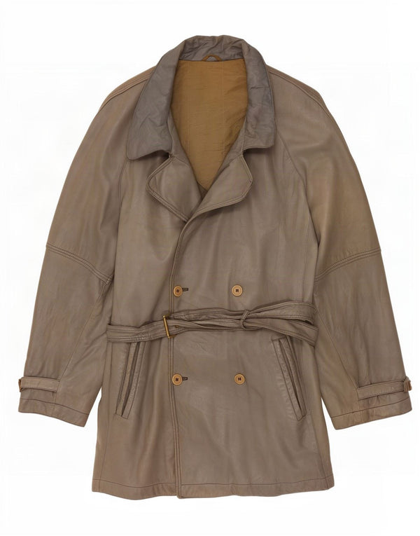 vintage Mens Double Breasted Leather Coat UK 40 Grand Gris Classique