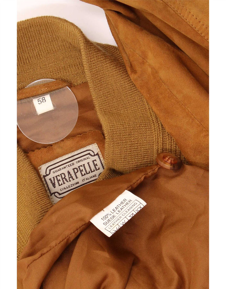vintage Mens Suede Bomber Jacket IT 58 4XL Cuir Marron Rétro