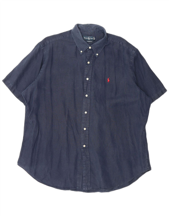 RALPH LAUREN Chemise à manches courtes coupe classique pour homme 2XL bleu marine en lin
