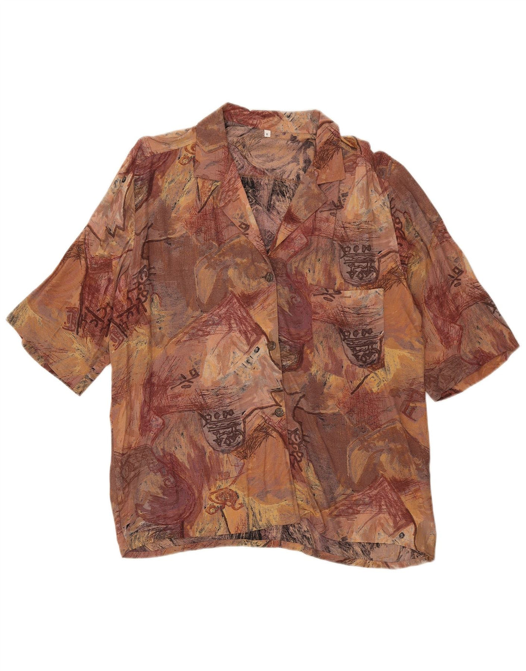 vintage Womens Abstract Pattern Chemise à manches courtes UK 14 Brun moyen