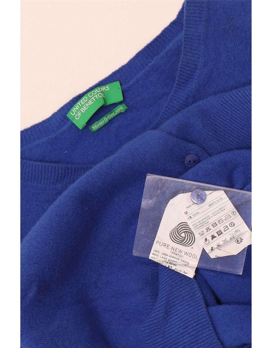 Benetton Femmes Crop Cardigan Pull UK 12 Bleu Moyen Laine Nouvelle