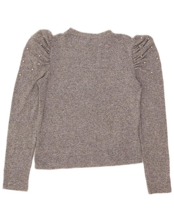 Zara Womens Crop Top Manches Longues UK 14 Large Gris Moucheté Viscose