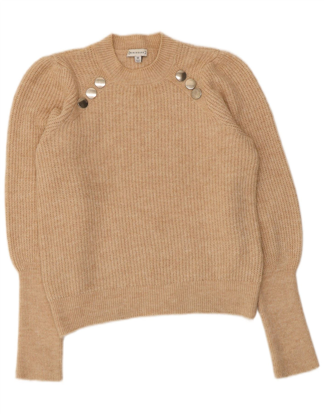 WAREHOUSE Pull ras du cou pour femme UK 12 Acrylique beige moyen