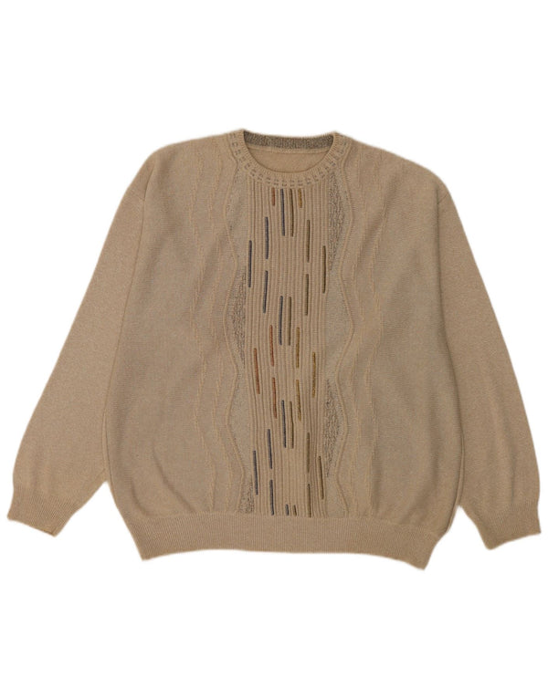 vintage Mens Crew Neck Jumper Pull XL Beige Géométrique Coton